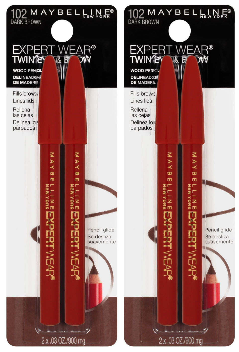 MAYBELLINE front packaging showing twin pencils and benefit-ready dual use