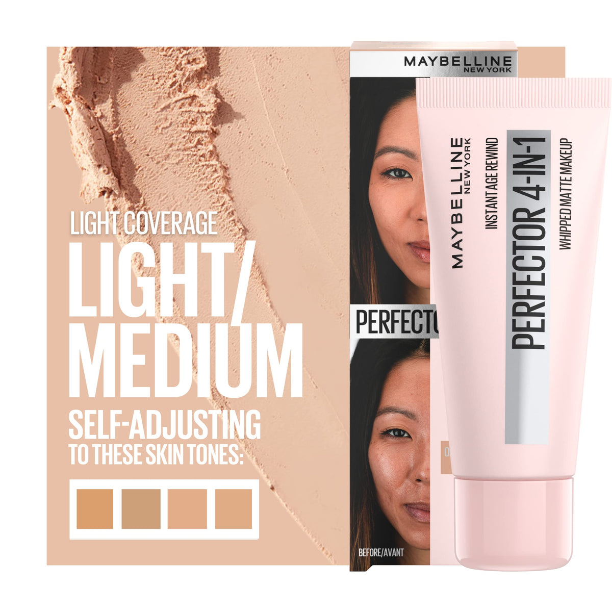 Maybelline before and after split-face showing visible blur and evening benefits