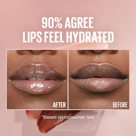 Maybelline gloss on lips lifestyle shot showing hydrated shine and smooth lip contour