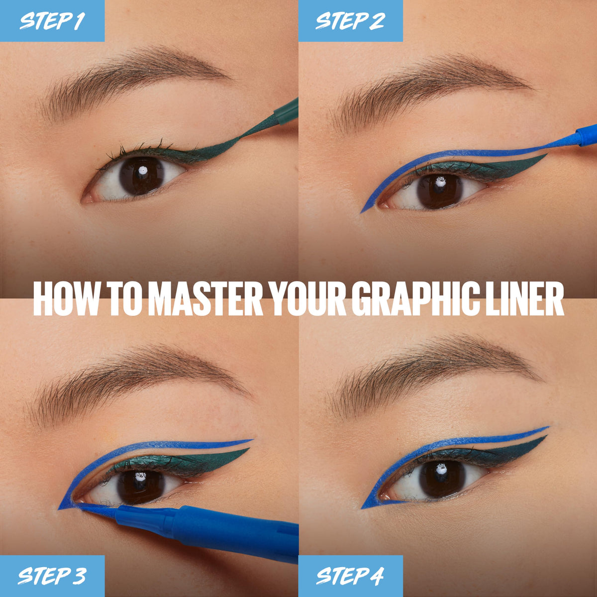 Maybelline application demo on eye creating a sharp winged look benefit