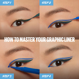Maybelline application demo on eye creating a sharp winged look benefit