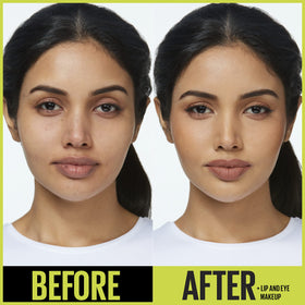 Maybelline split-face before and after demonstrating full coverage