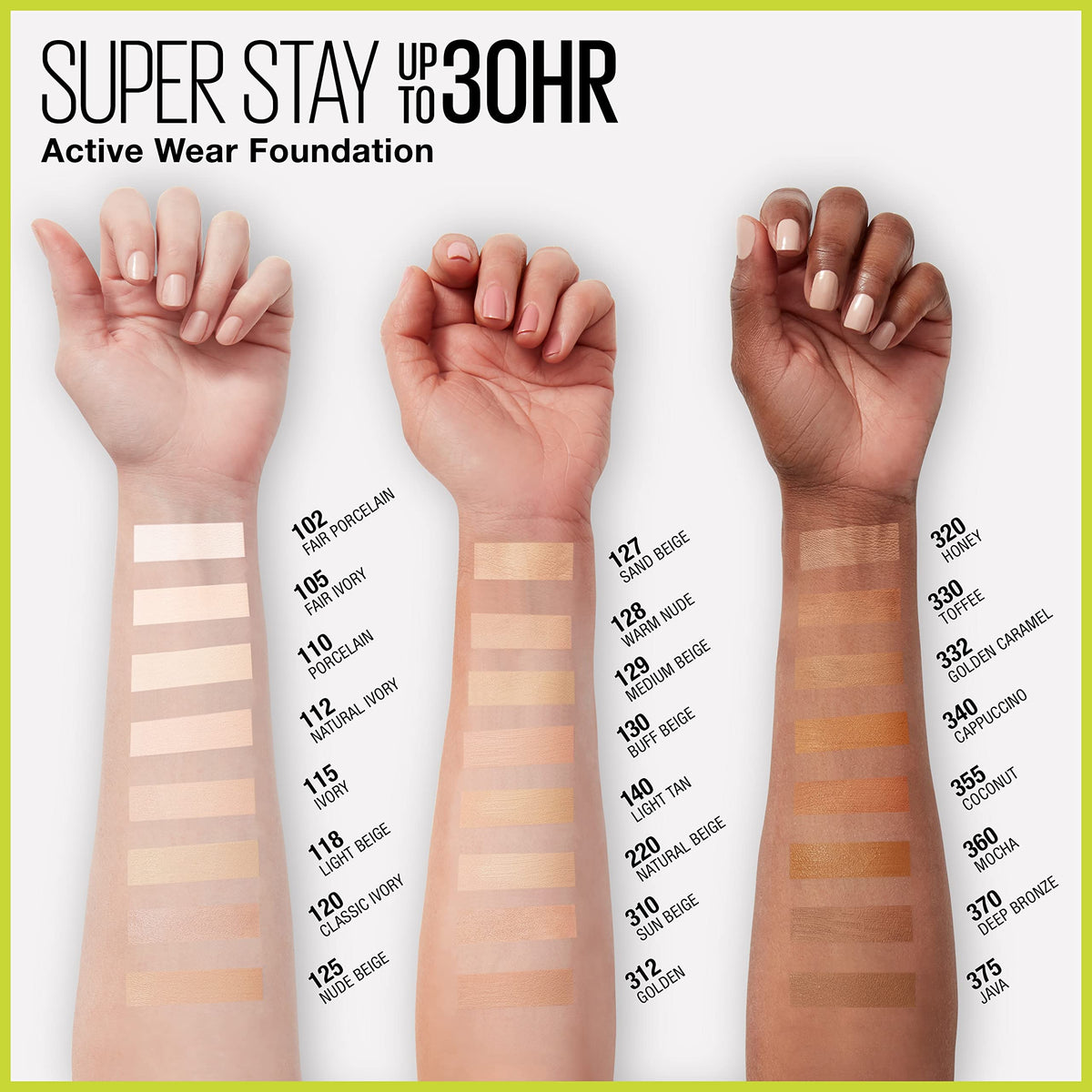MAYBELLINE close-up label showing shade buff beige and wear time
