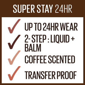 MAYBELLINE lipstick staged with a coffee cup, warm brown complements café style