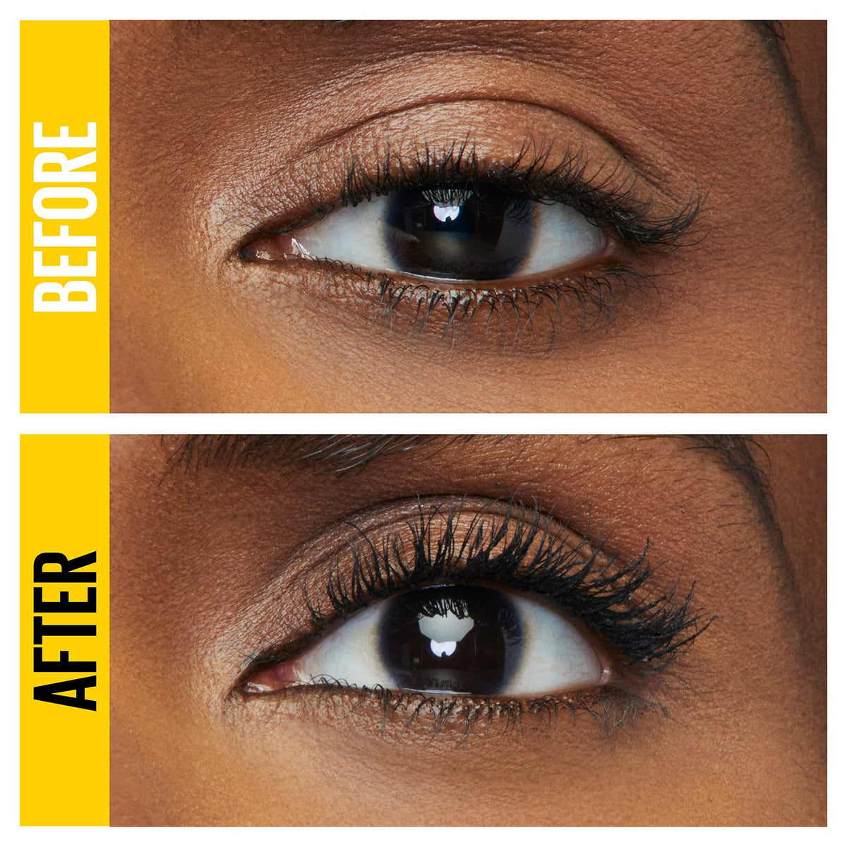 MAYBELLINE before and after lashes showing lifted curl and fuller volume