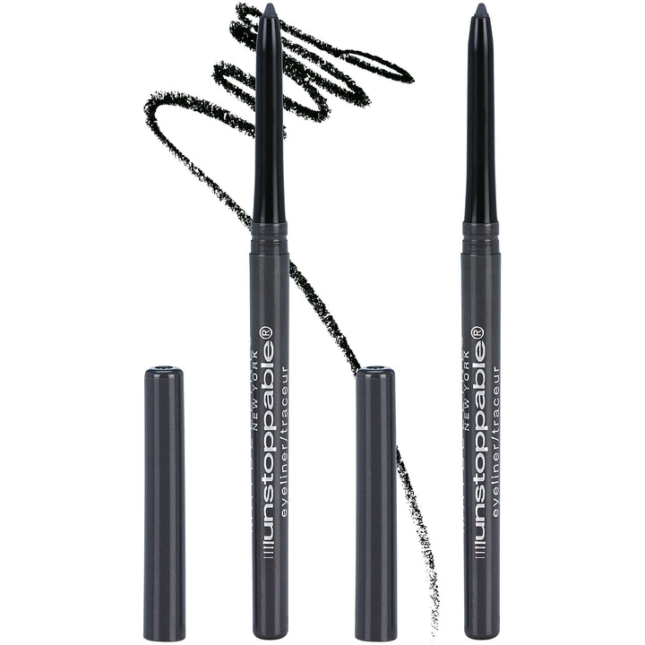 Maybelline Unstoppable pewter front packaging showing twin pencils and benefits