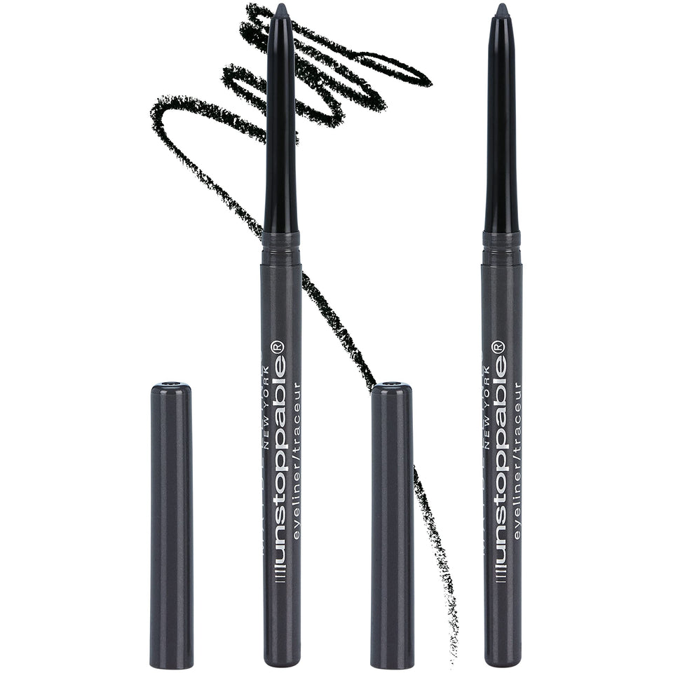 Maybelline Unstoppable pewter front packaging showing twin pencils and benefits