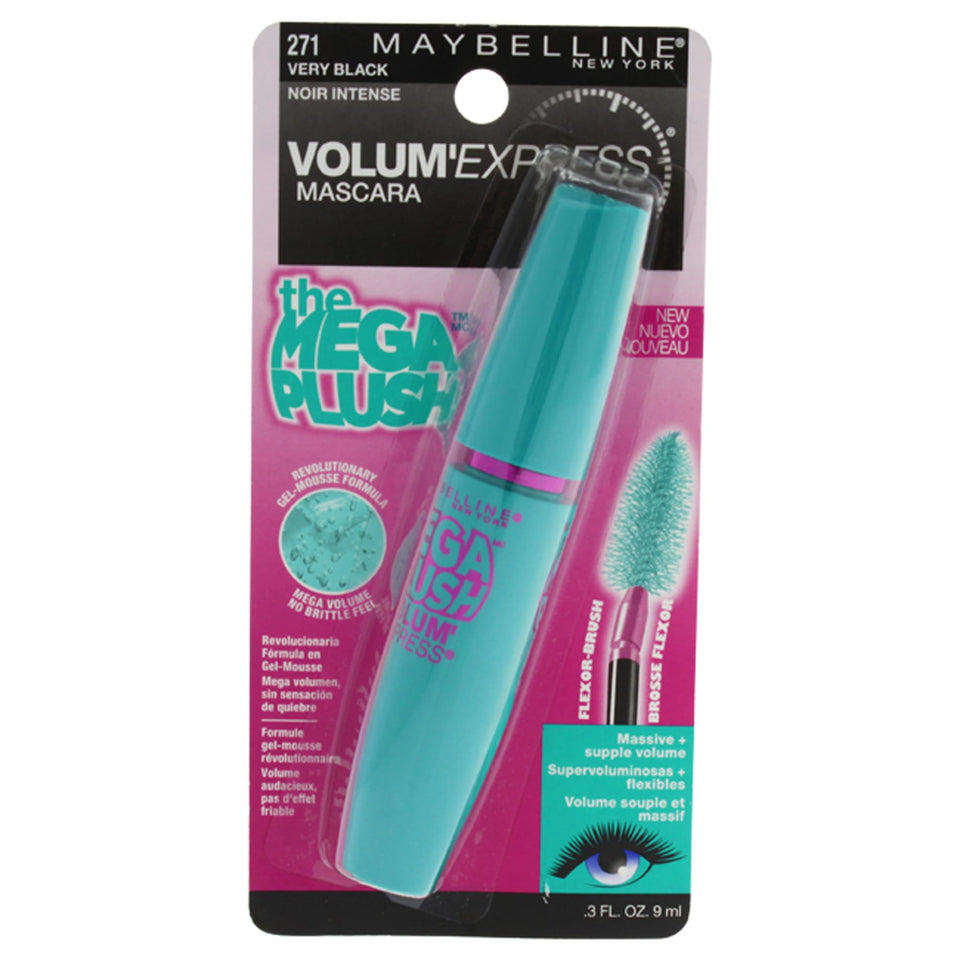maybelline front packaging showing very black tube and benefit of bold volume