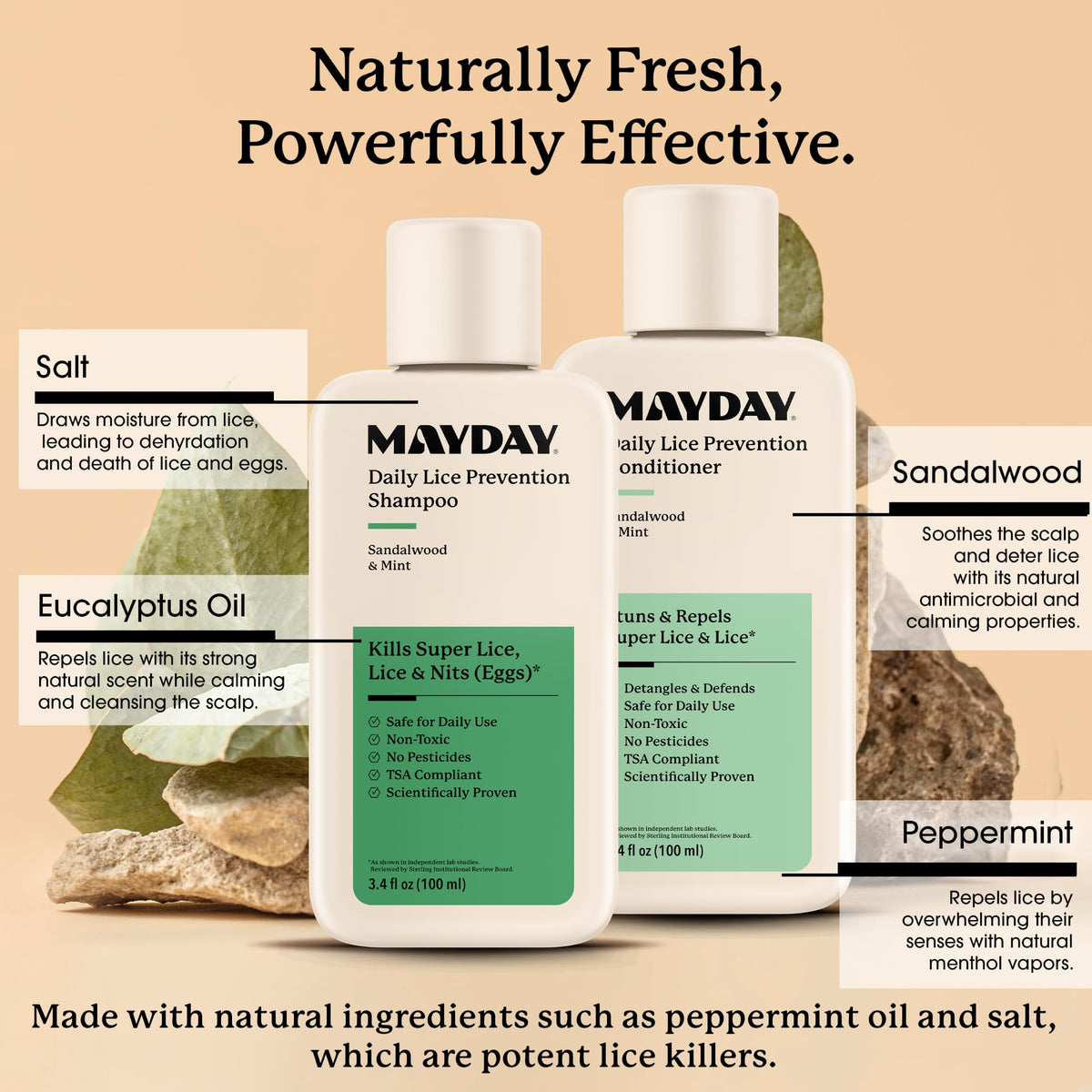 MAYDAY label highlighting sandalwood and mint scent for refreshing aroma