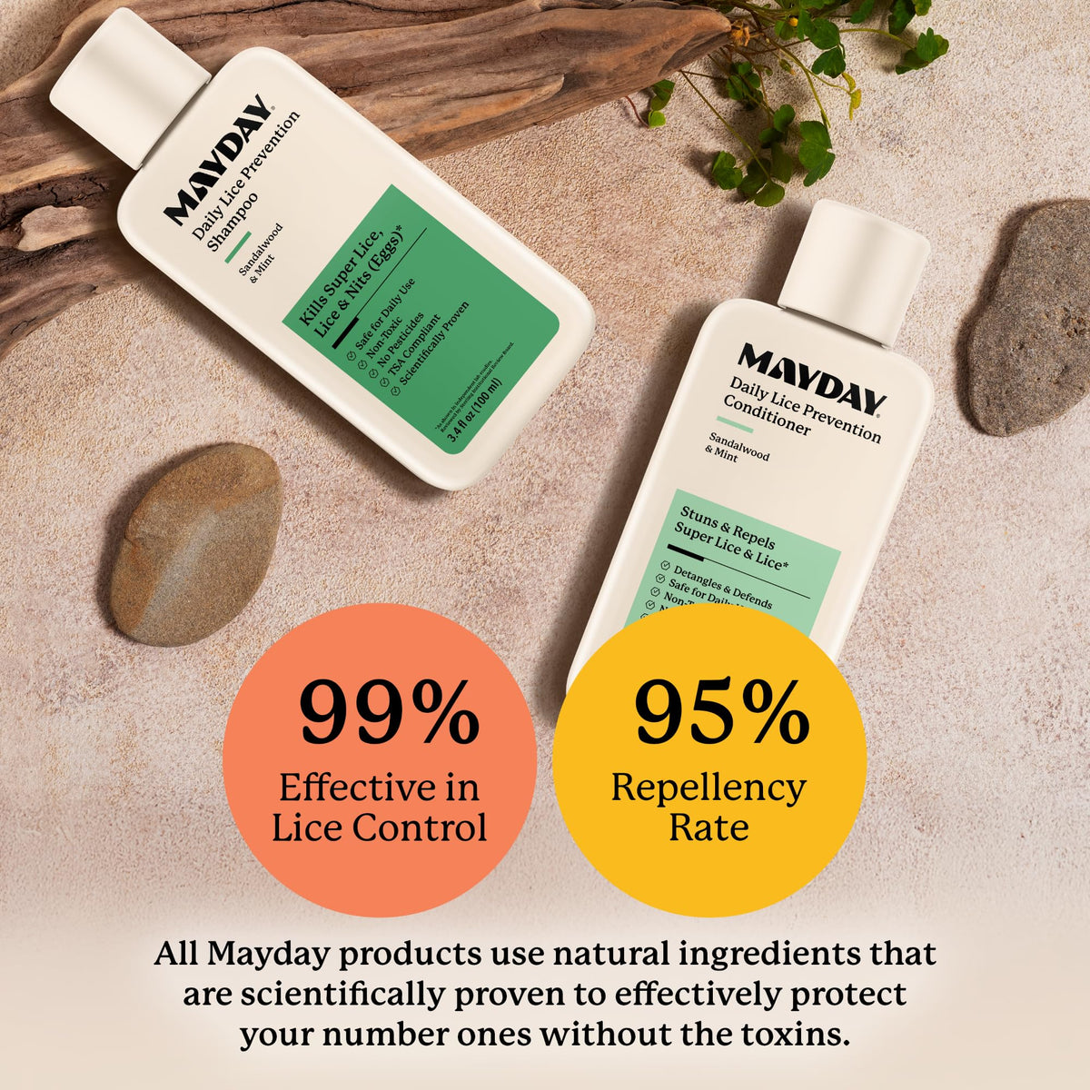 MAYDAY bottles in hand to show compact 3.4oz travel-friendly size