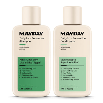 MAYDAY front packaging showing shampoo and conditioner for travel convenience