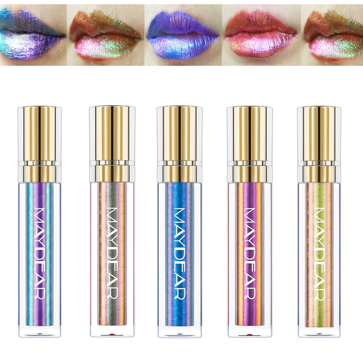 Maydear front packaging displaying five colorful tubes and shimmer finish benefit
