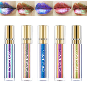 Maydear front packaging displaying five colorful tubes and shimmer finish benefit