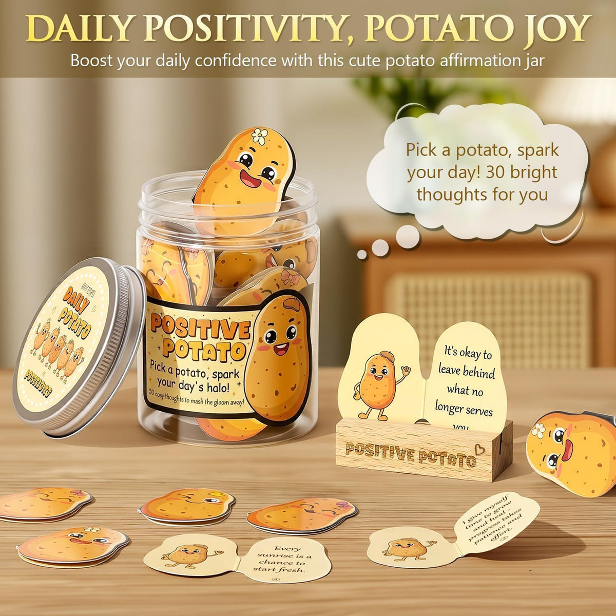 MAYICIVO jar of affirmation cards with wooden stand offering daily uplifting prompts