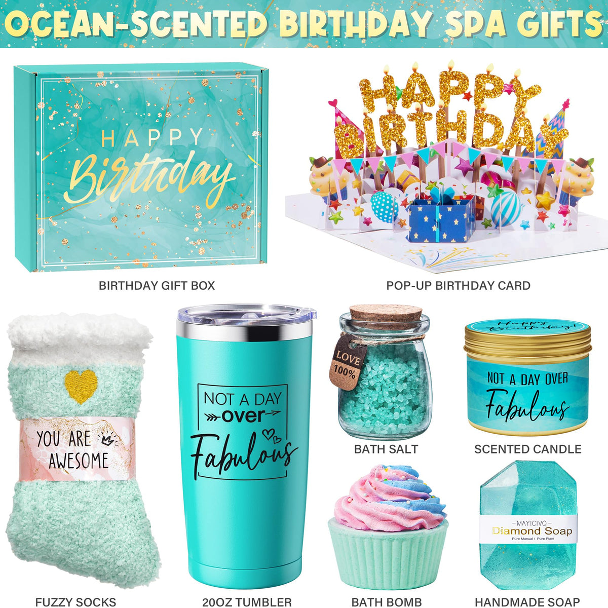 MAYICIVO ocean scented candle and diamond soap close-up offering calming aroma and clean burn