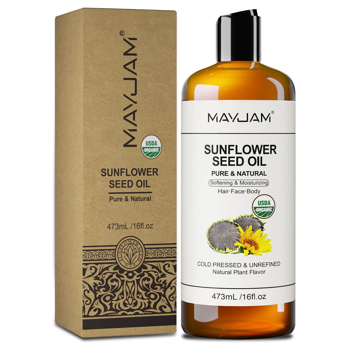 MAYJAM front bottle showing organic label and size, clear packaging benefit