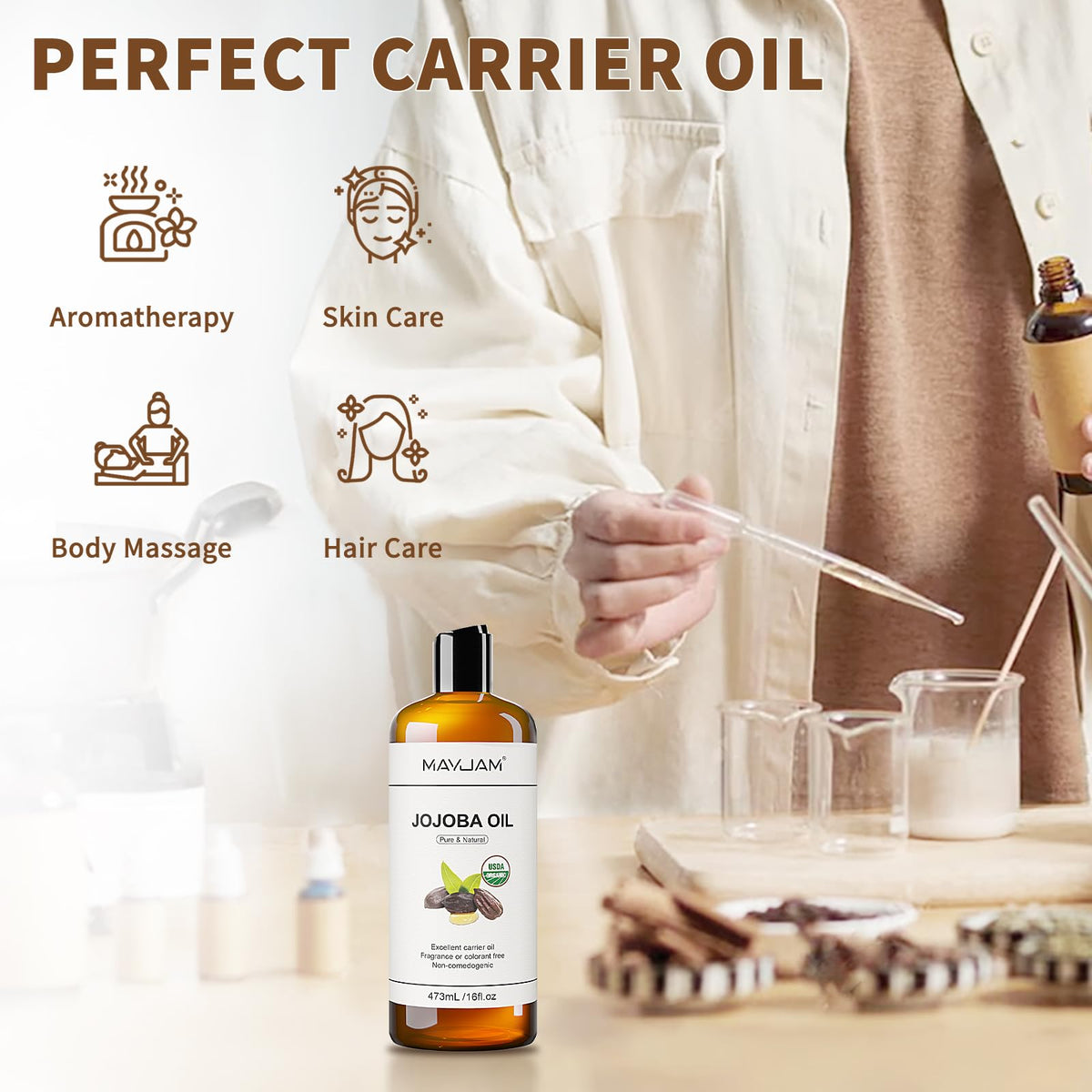 MAYJAM jojoba oil blended with essentials for massage and personalized aromatherapy
