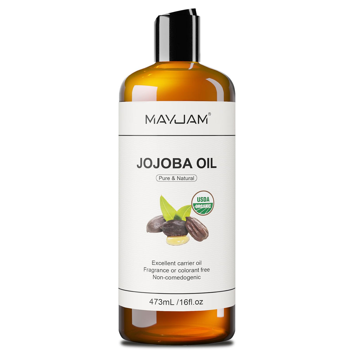 MAYJAM bottle front label showing organic certification and pure jojoba benefits