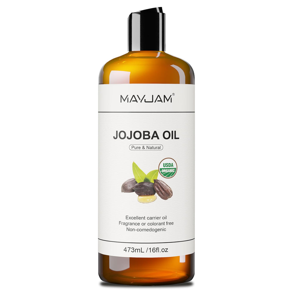 MAYJAM bottle front label showing organic certification and pure jojoba benefits