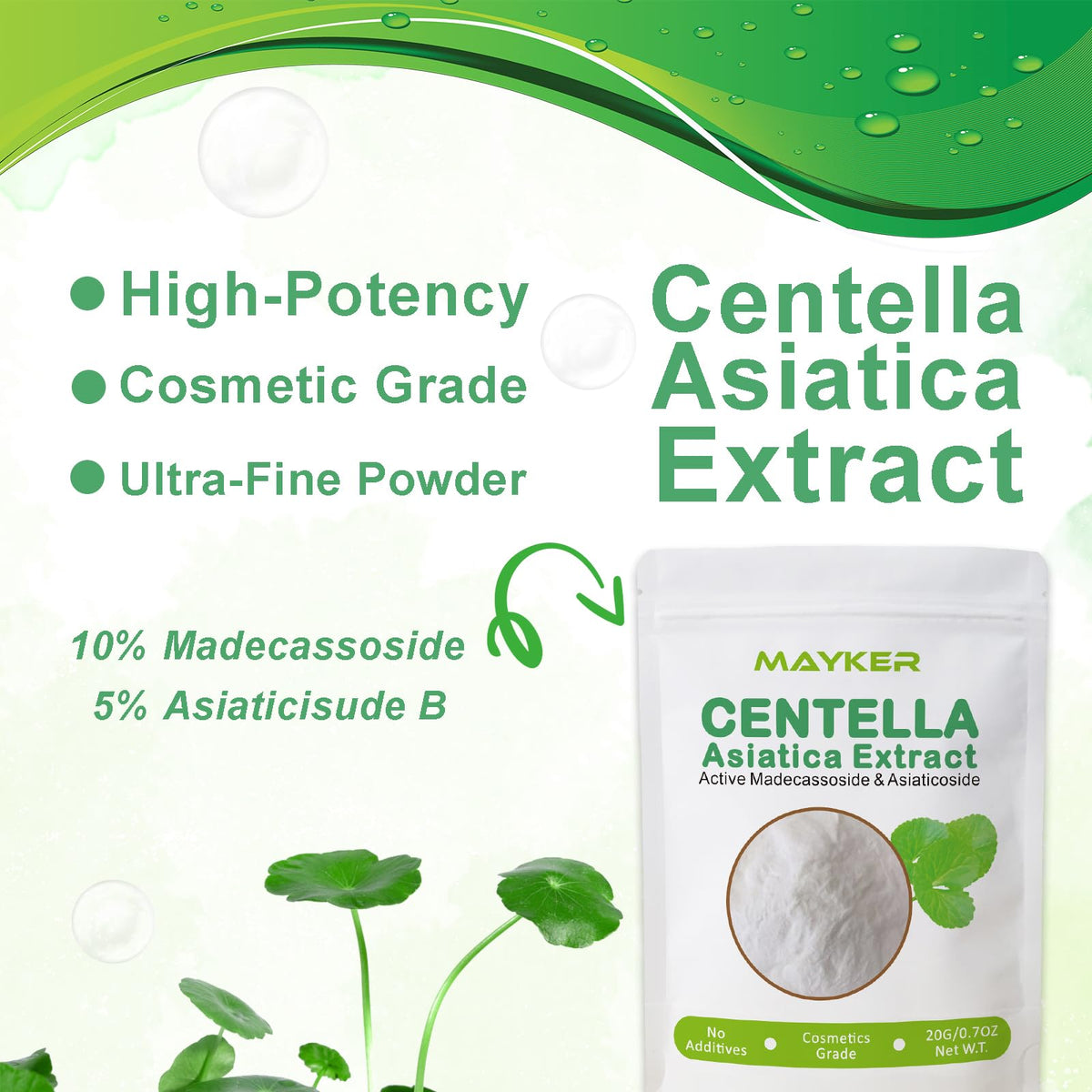 MAYKER open jar showing fine Centella powder texture for easy mixing benefit