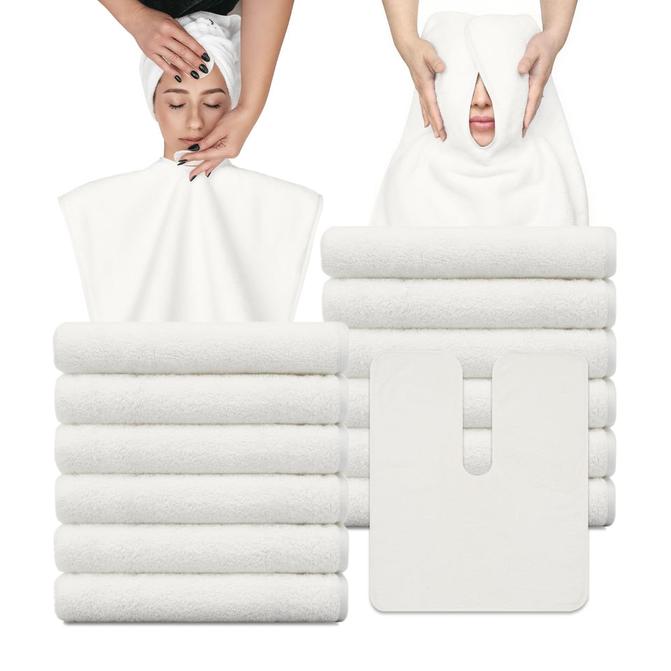 MAYOKEN front view of 12-piece warm white towel set showing clean spa presentation and convenience