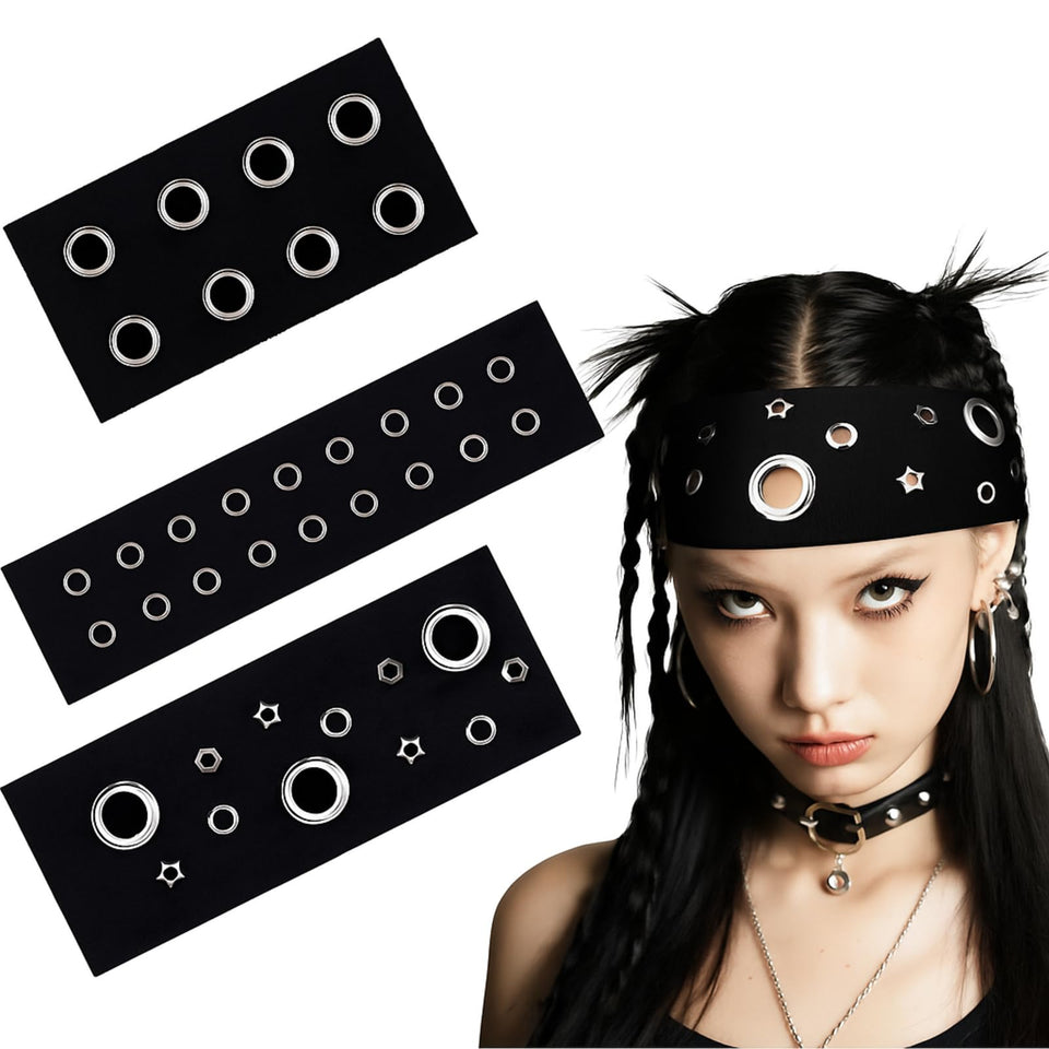 Maysing front view of three black headbands showing packaging and trio value