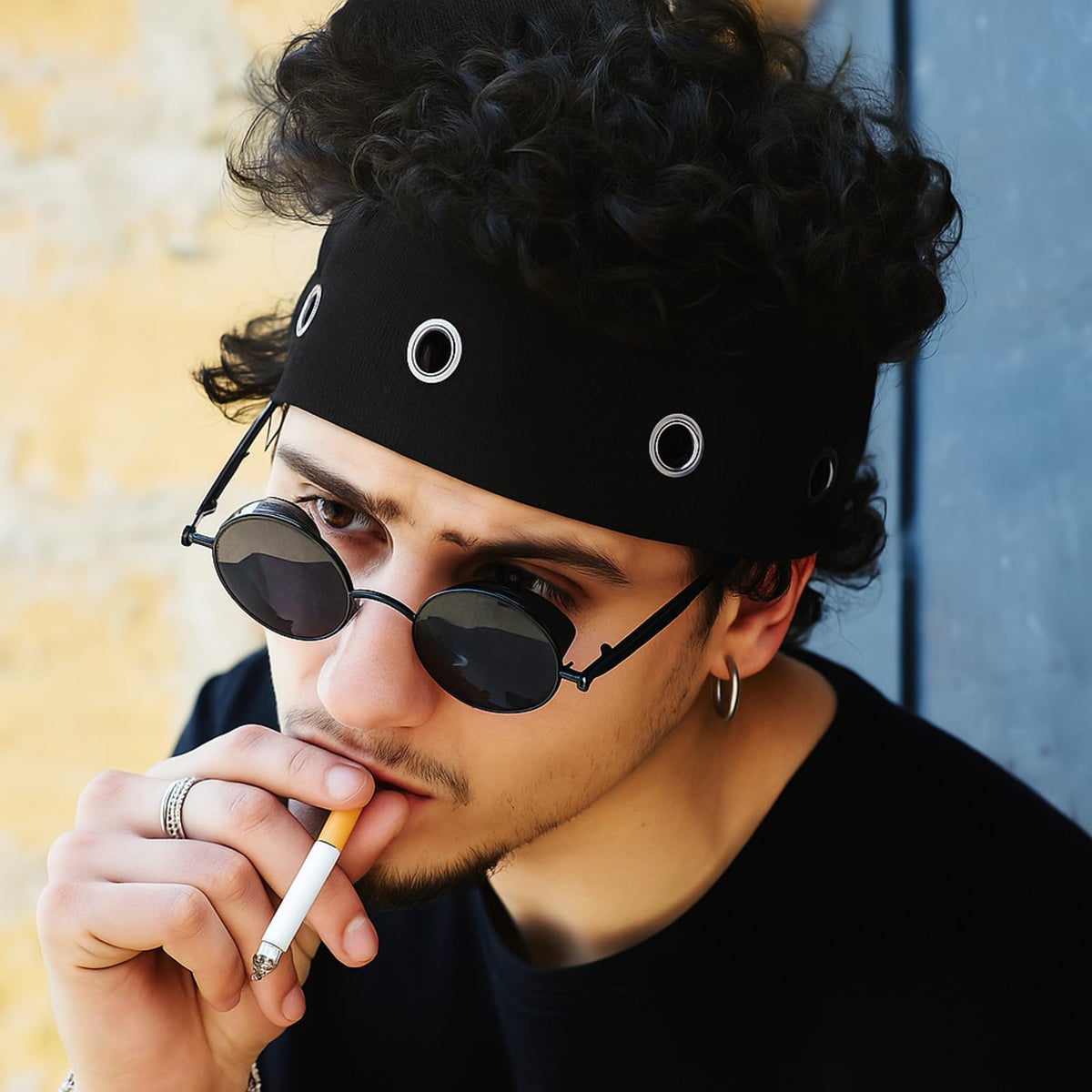 Maysing headband styled with streetwear outfit showing fashionable punk edge
