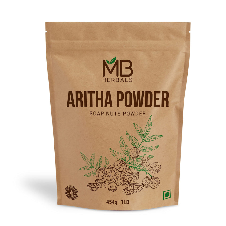 MB Herbals front packaging of Aritha powder showing label and size benefits