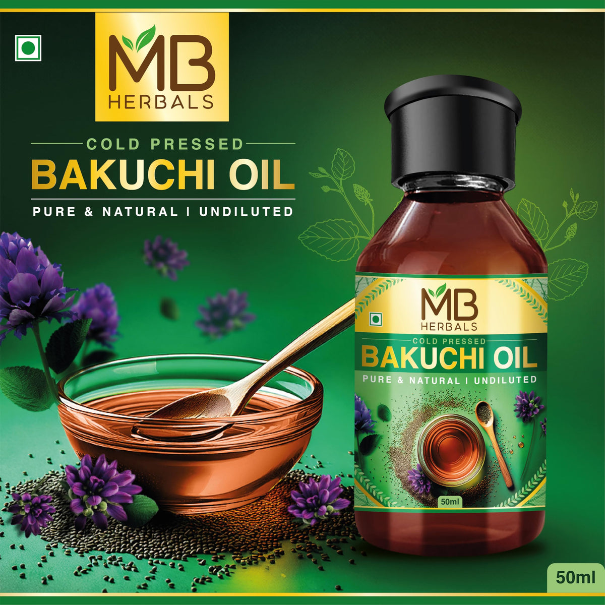 MB Herbals close-up oil dropper showing amber Bakuchi texture for easy topical application