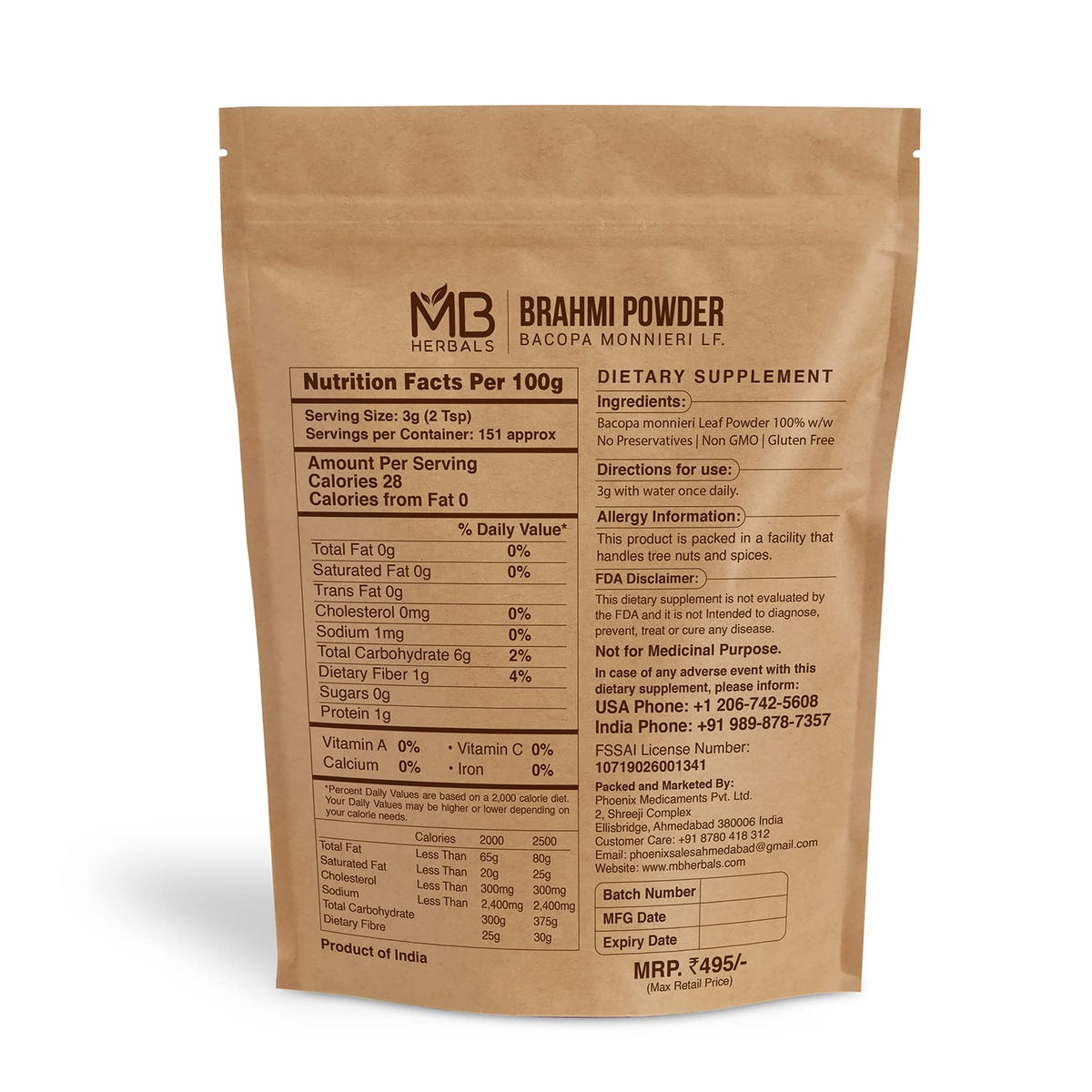 MB Herbals Brahmi powder close-up texture, fine grind for easy mixing benefit