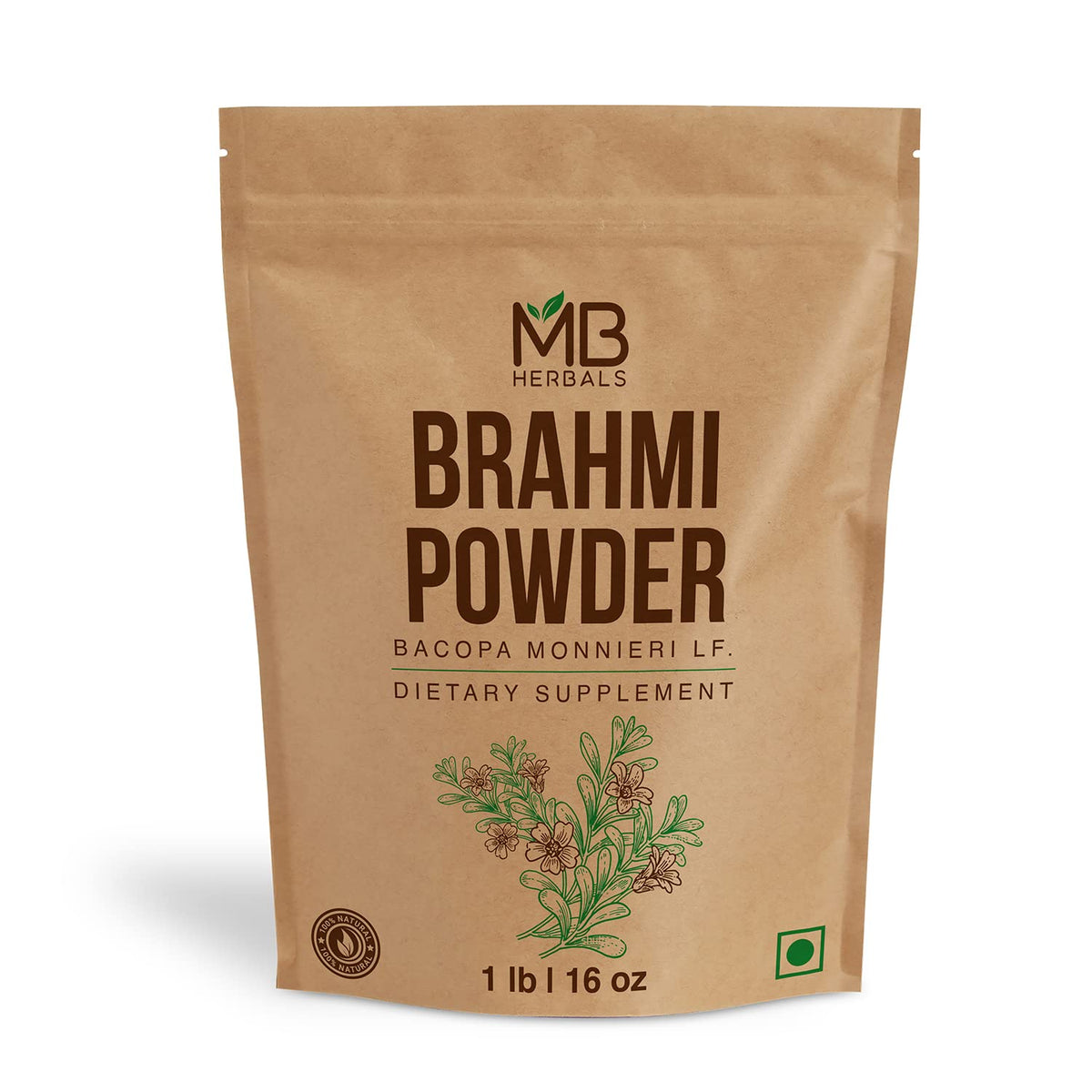 MB Herbals front packaging shows 454g Brahmi powder, clean source and clear labeling benefit