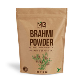 MB Herbals front packaging shows 454g Brahmi powder, clean source and clear labeling benefit