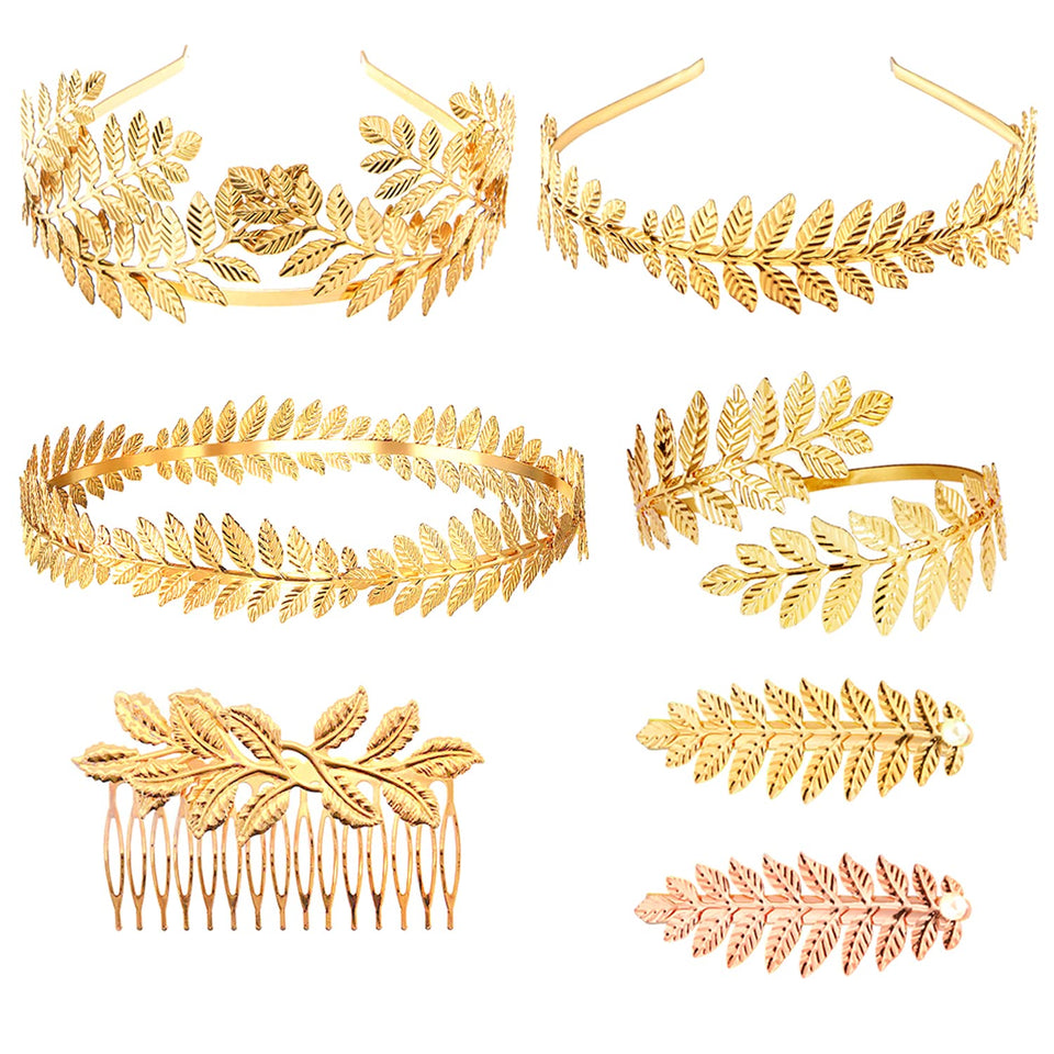 M&C Music Color front view of gold laurel crown set shows elegant bridal styling benefit