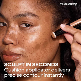 MCoBeauty application on cheek demonstrating instant sculpting and seamless blending benefit