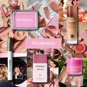 MCoBeauty lifestyle shot of bottle in makeup bag illustrating on-the-go radiance