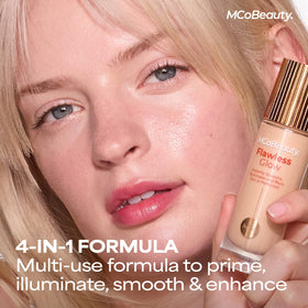 MCoBeauty mixing drops into foundation, illustrates customizable radiant coverage