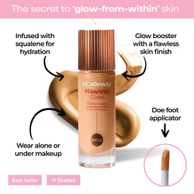 MCoBeauty texture close-up droplet on fingertip, reveals lightweight dewy finish