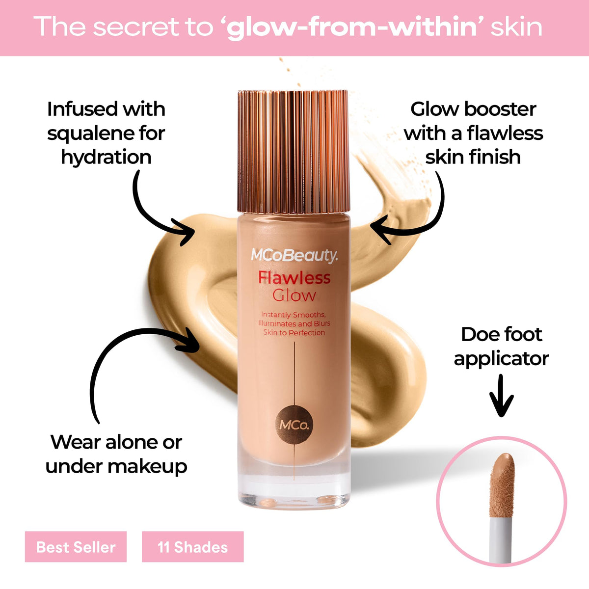 MCoBeauty close-up droplet texture highlighting dewy, lightweight finish
