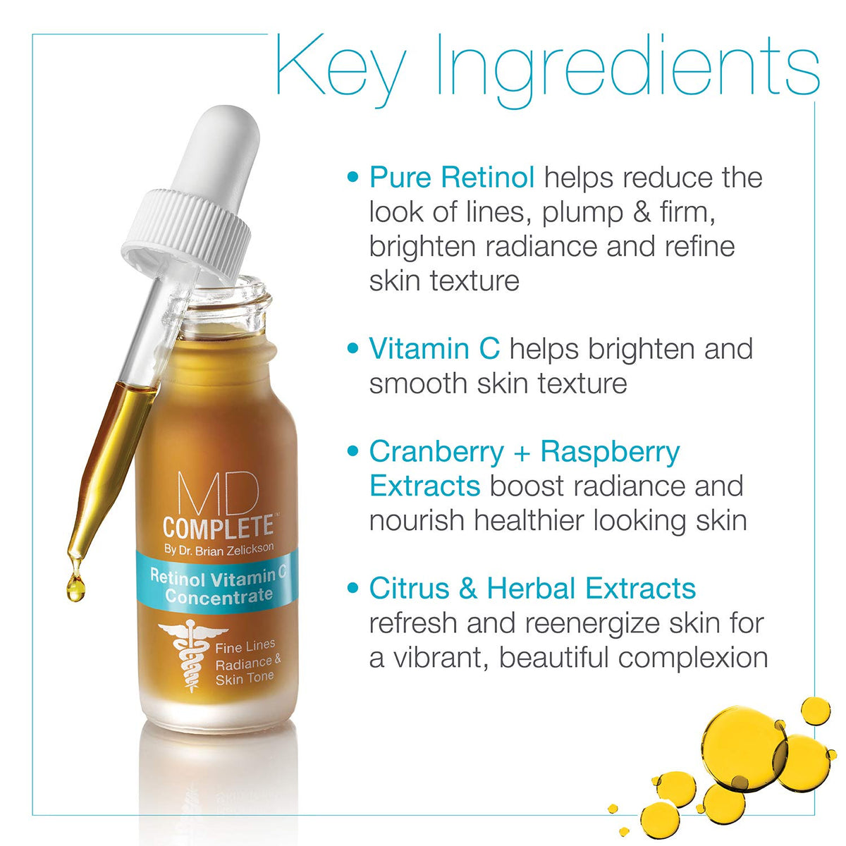 MD Complete ingredients label highlighting retinol and vitamin C benefits