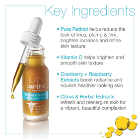 MD Complete ingredients label highlighting retinol and vitamin C benefits