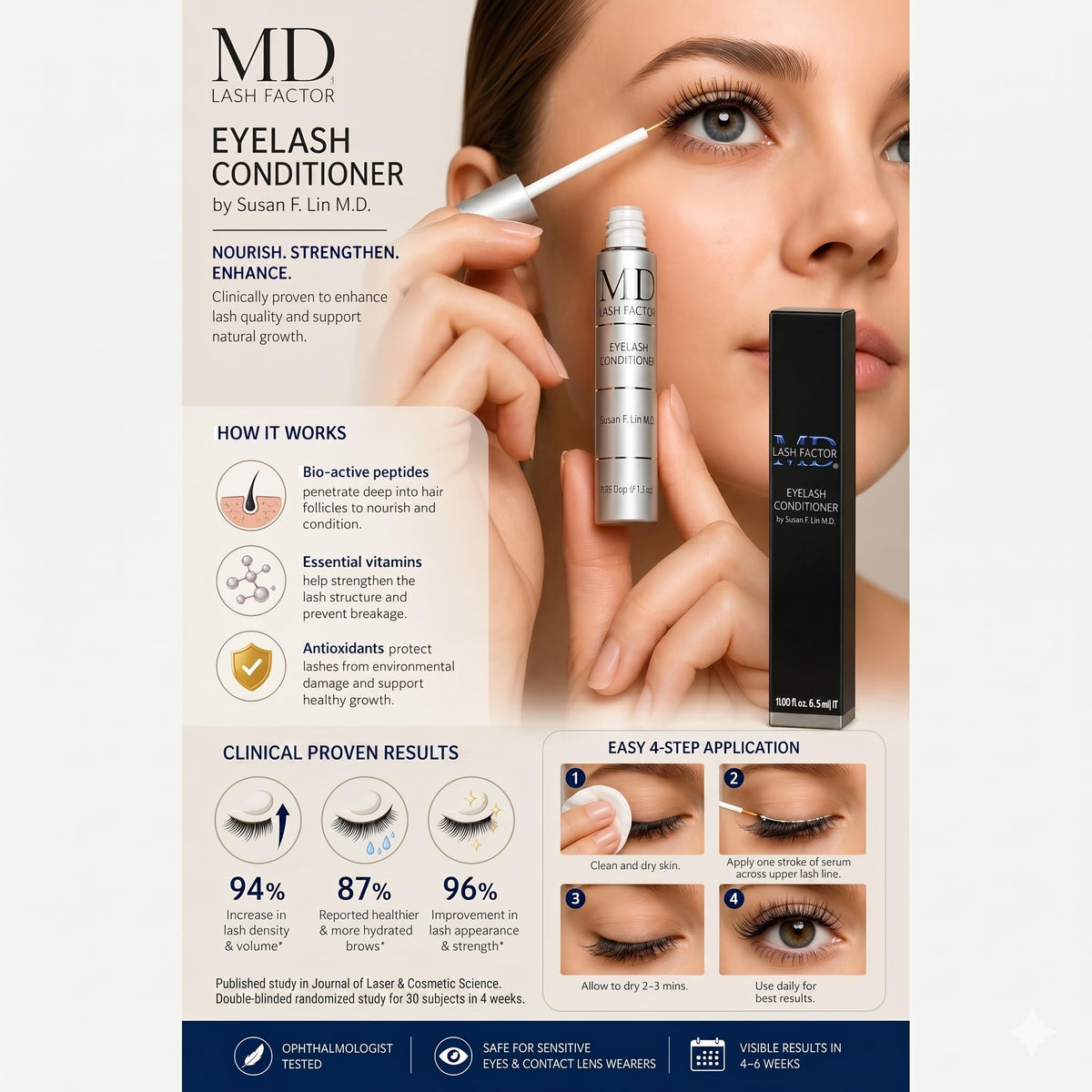 MD Lash Factor applying serum along upper lash line demonstrating mess-free application