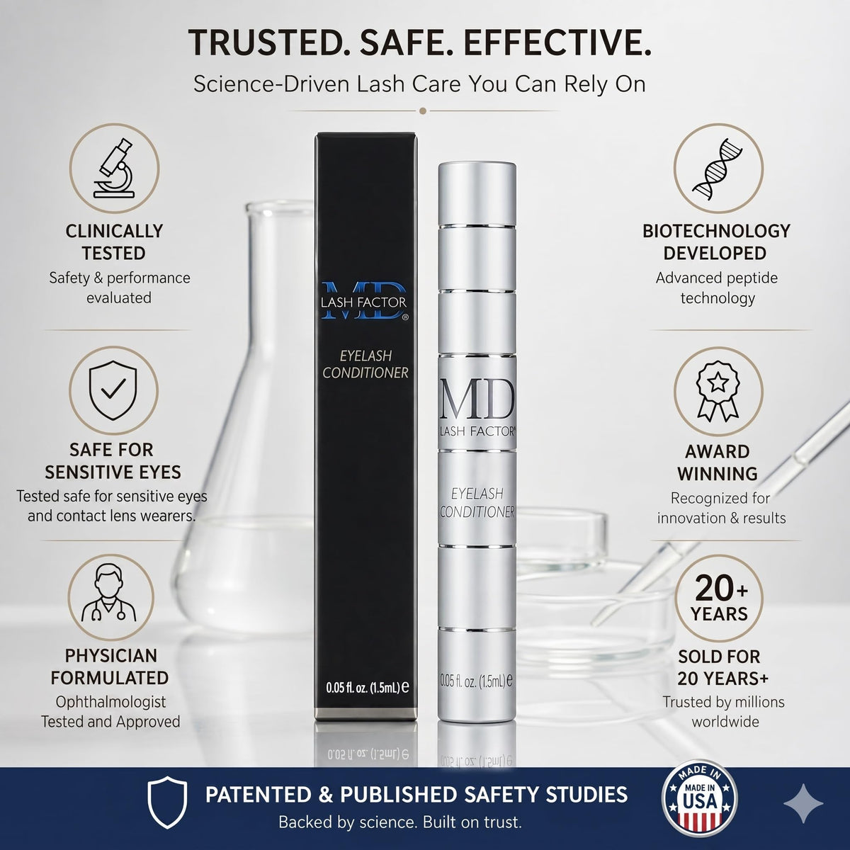 MD Lash Factor closeup label showing key ingredients and gentle formula benefit