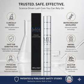 MD Lash Factor closeup label showing key ingredients and gentle formula benefit