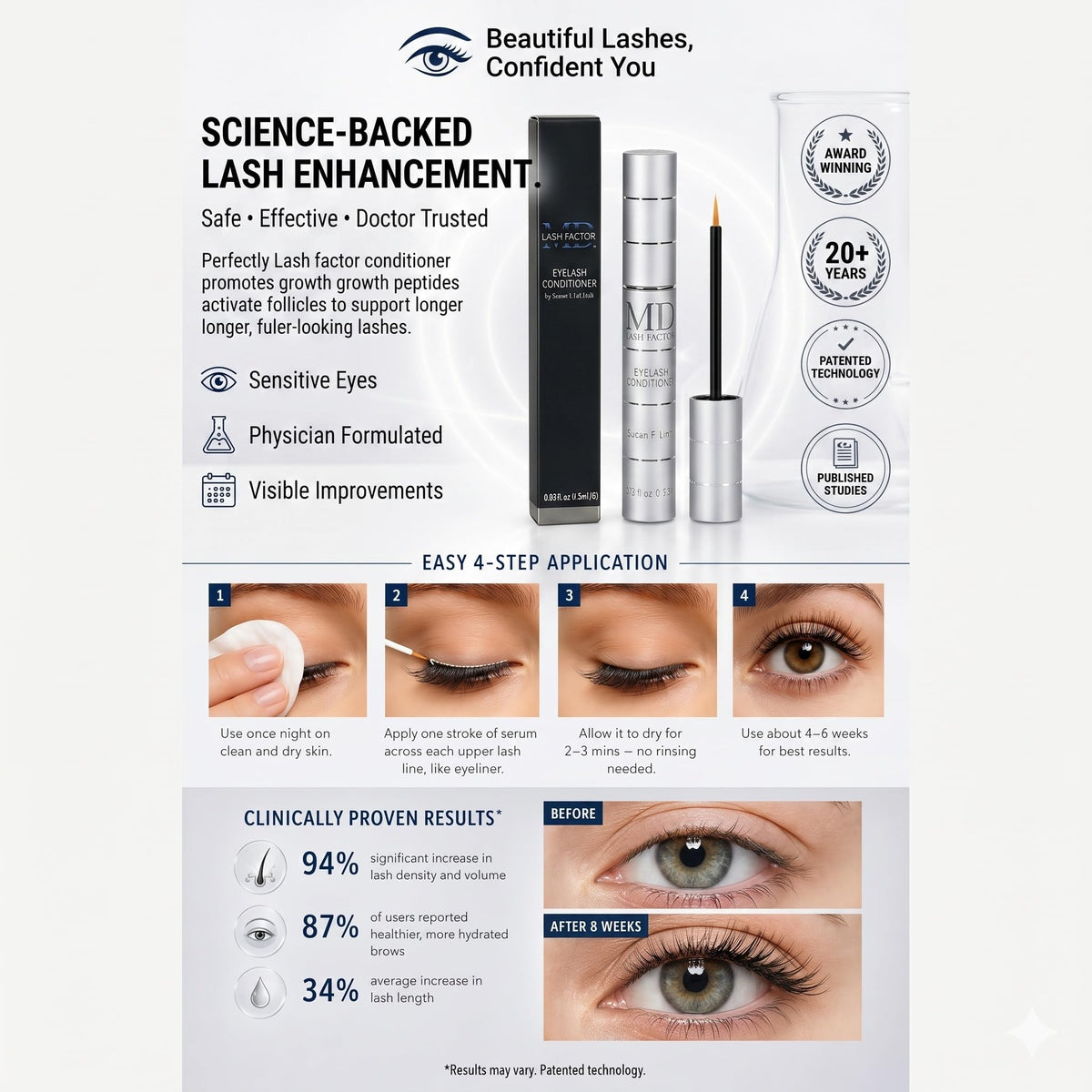 MD Lash Factor on vanity lifestyle scene showing everyday routine convenience