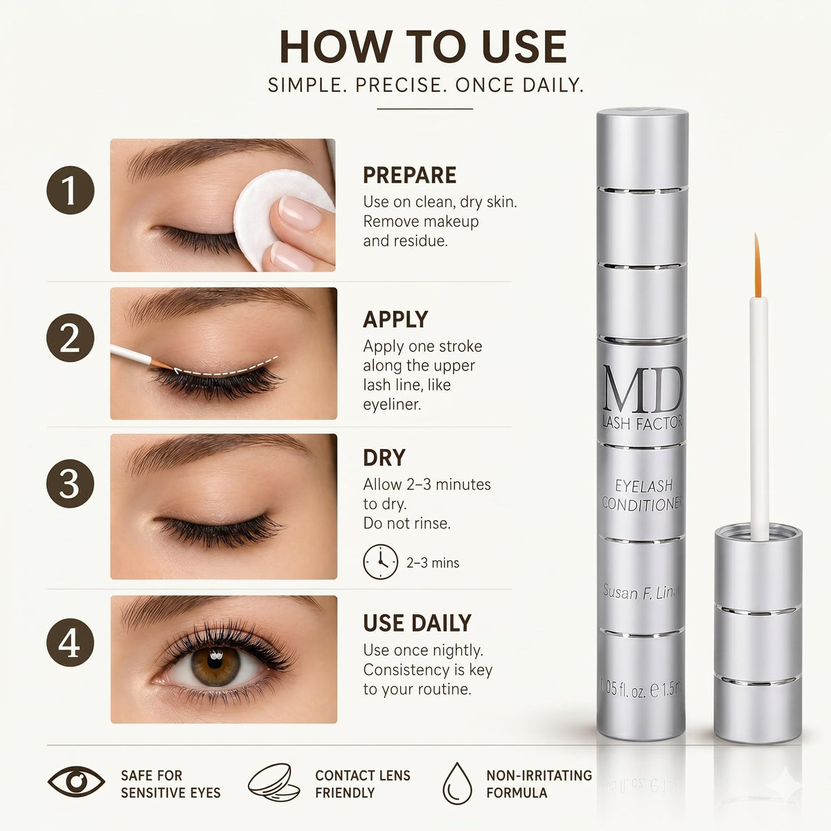 MD Lash Factor open tube detail revealing built-in brush and hygienic storage benefit