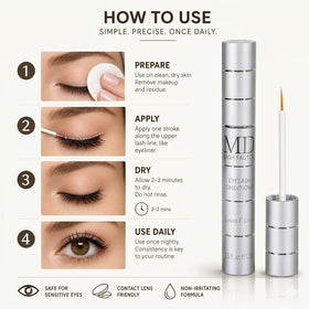 MD Lash Factor open tube detail revealing built-in brush and hygienic storage benefit