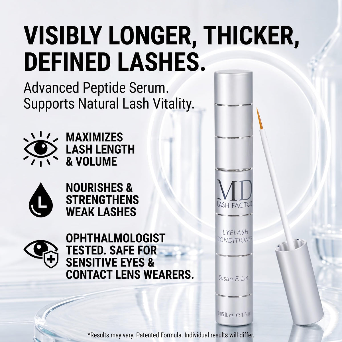 MD Lash Factor serum texture drop highlighting lightweight fast-absorbing formula