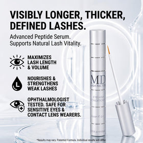 MD Lash Factor serum texture drop highlighting lightweight fast-absorbing formula