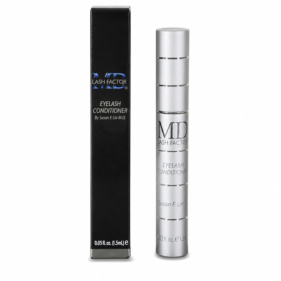MD Lash Factor trial packaging front showing compact travel bottle and branding benefits