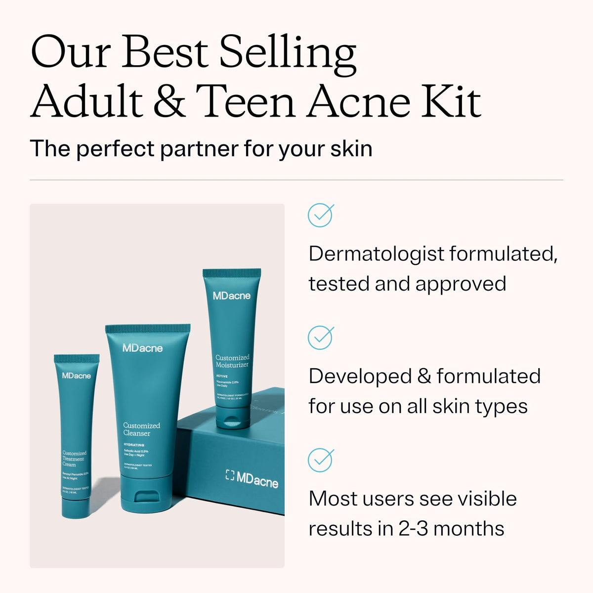 MDacne benzoyl peroxide 2.5% cream tube close-up showing applicator and hydrating formula